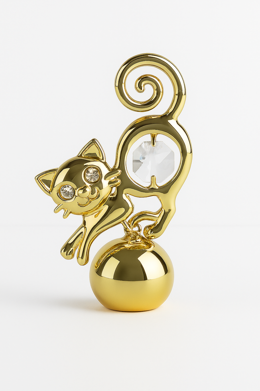 🐾 Verguld 24K goud Kattenbeeldje met Kristal & Fotohouder