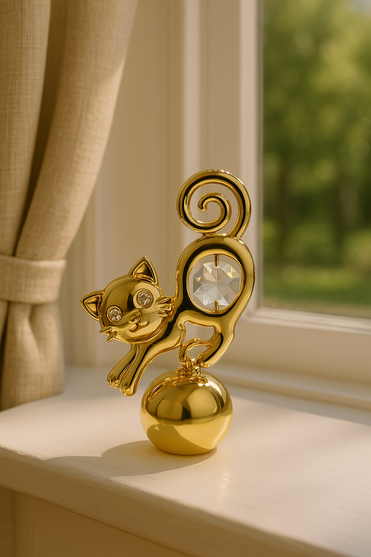 🐾 Verguld 24K goud Kattenbeeldje met Kristal & Fotohouder