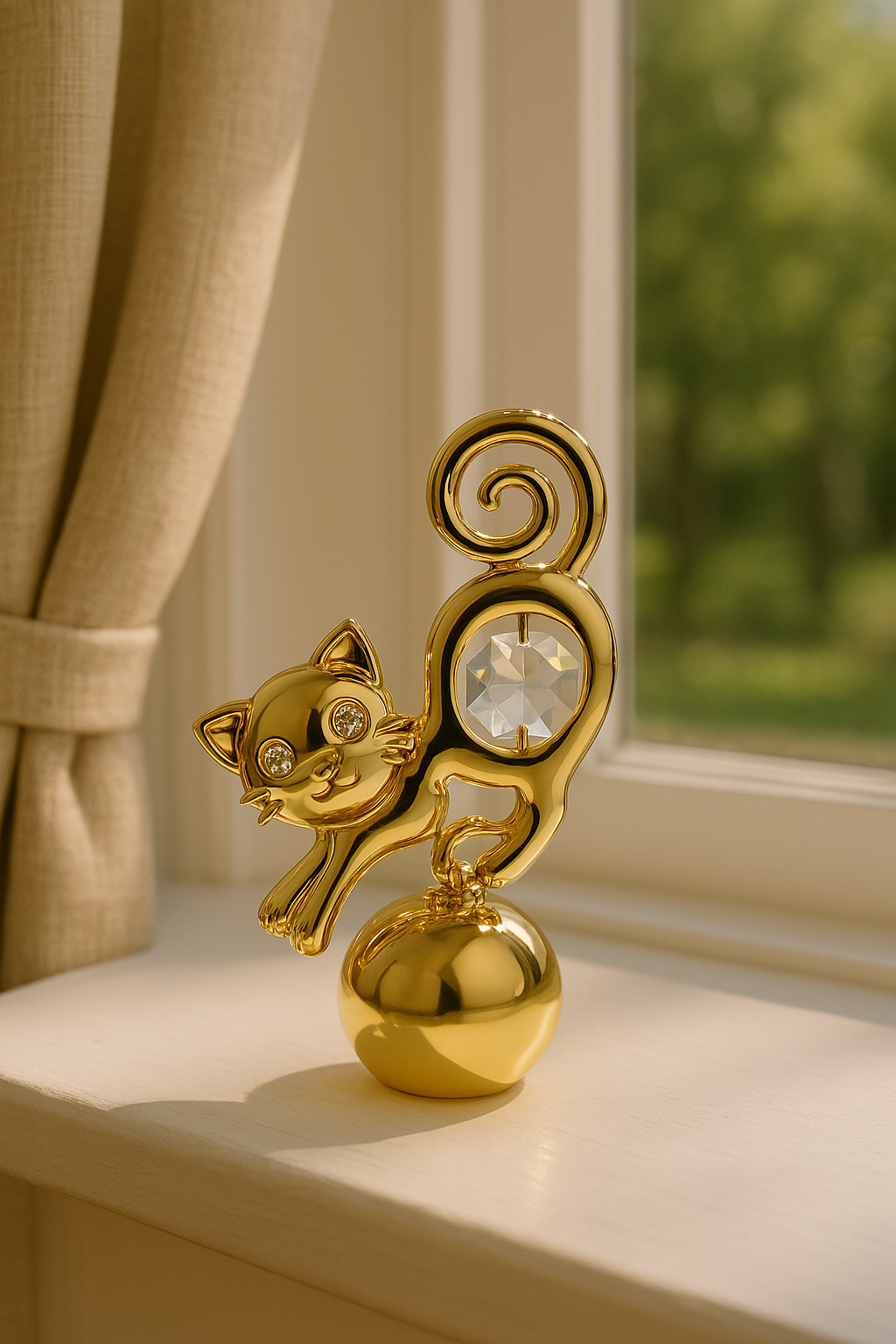 🐾 Verguld 24K goud Kattenbeeldje met Kristal & Fotohouder